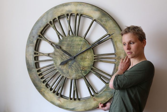 Very Large Modern Clock. 100 cm diameter Handmade Home Decor Clock Displaying Roman Numerals with green Artistic Face