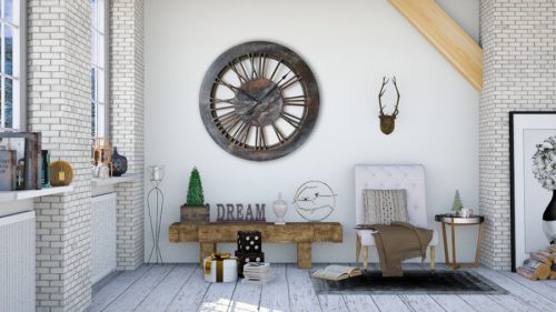 100 cm Roman Numeral Wall Clock - Skeleton Design on the White Wall. The Clock is Handmade and Hand Painted