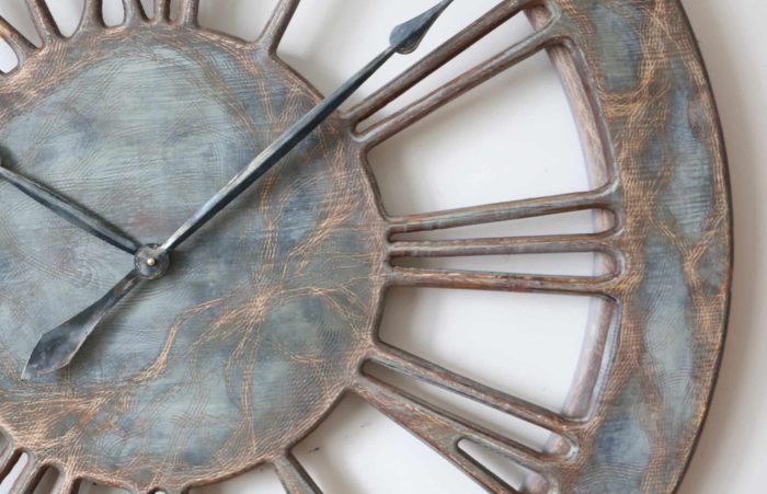 Very Large Handmade Wooden Wall Clock Close-up.