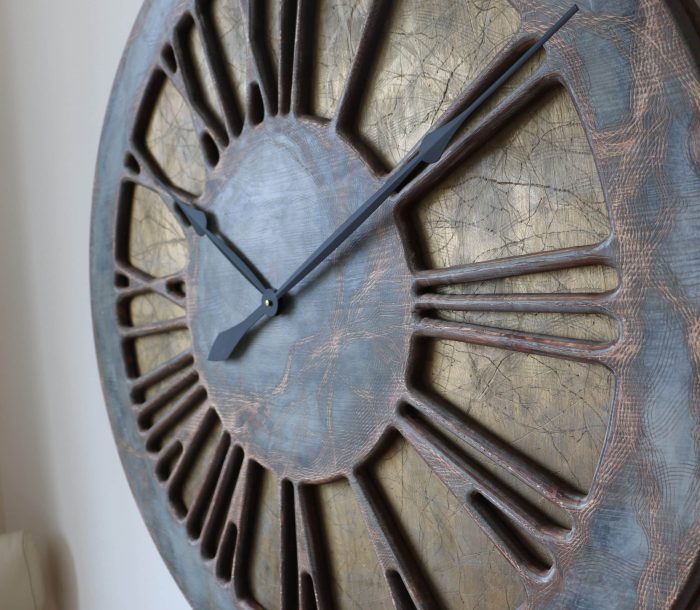 40" Very Large Rustic Grey and Gold Roman Numeral Wall Clock Handmade from pine wood and hand painted
